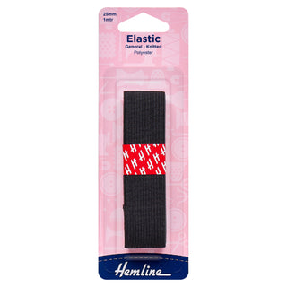 Hemline General Purpose Black Polyester Soft Stretch Knitted Elastic 1m x 25mm