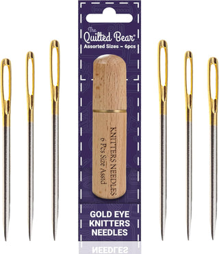 The Quilted Bear Gold Eye Knitters Sewing Needles with Wooden Case (Assorted Sizes)