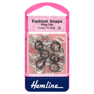 Hemline Black Ring Top Fashion Snaps 11mm