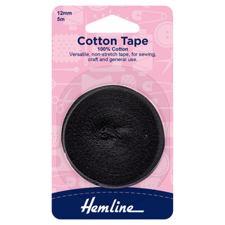 Hemline Black 100% Cotton Non Stretch Tape 5m x 12mm