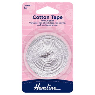 Hemline White 100% Cotton Non Stretch Tape 5m x 20mm