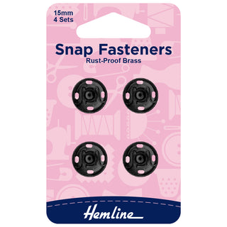 Hemline Black Sew-On Snap Fasteners 15mm 4 Pack