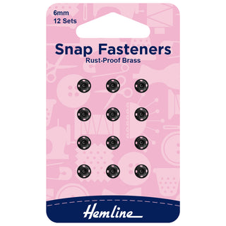 Hemline Black Sew-On Snap Fasteners 6mm 12 Pack