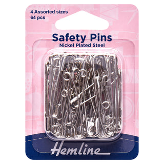 Hemline Assorted Nickel Hardened and Tempered Safety Pins 64 Pack
