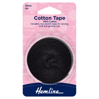 Hemline Black 100% Cotton Non Stretch Tape 5m x 20mm