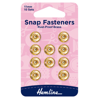 Hemline Gold Sew-On Snap Fasteners 11mm 10 Pack