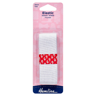 Hemline General Purpose White Polyester Soft Stretch Knitted Elastic 1m x 32mm