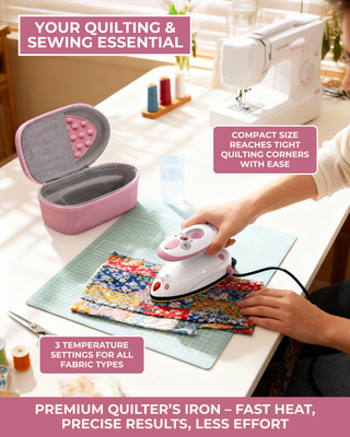 Needle and Bear - Premium Mini Steam Iron with Hardshell Travel Case & Iron Rest (Pink Case)