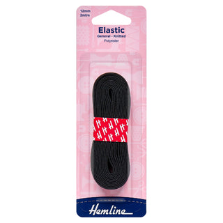 Hemline General Purpose Black Polyester Soft Stretch Knitted Elastic 2m x 12mm
