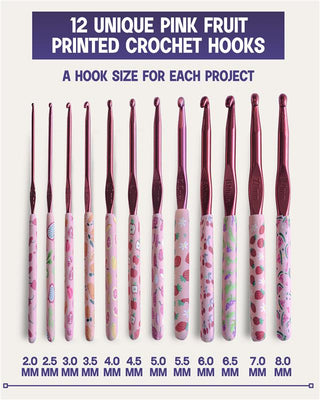 The Quilted Bear 12 Piece Ergonomic Crochet Hook Set -  2mm-8mm (Pink Fruit Print)