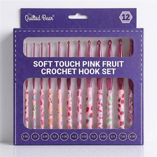 The Quilted Bear 12 Piece Ergonomic Crochet Hook Set -  2mm-8mm (Pink Fruit Print)