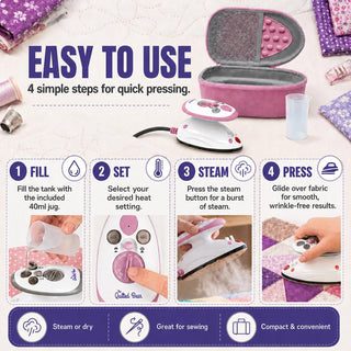 The Quilted Bear Premium Mini Steam Iron with Hardshell Travel Case & Iron Rest - US Plug (Pink Case)