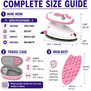 The Quilted Bear Premium Mini Steam Iron with Hardshell Travel Case & Iron Rest - US Plug (Pink Case)