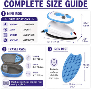The Quilted Bear Premium Mini Steam Iron with Hardshell Travel Case & Iron Rest - US Plug (Blue Case)
