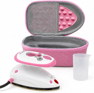 The Quilted Bear Premium Mini Steam Iron with Hardshell Travel Case & Iron Rest - US Plug (Pink Case)