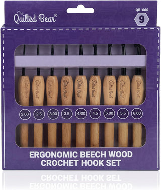 The Quilted Bear 9 Piece Beech Wood Crochet Hooks Set (2mm-6mm)