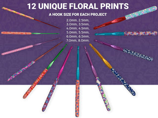 The Quilted Bear 12 Piece Ergonomic Crochet Hook Set -  2mm-8mm (Floral Print)