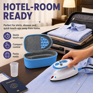 The Quilted Bear Premium Mini Steam Iron with Hardshell Travel Case & Iron Rest - US Plug (Blue Case)