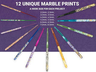 The Quilted Bear 12 Piece Ergonomic Crochet Hook Set -  2mm-8mm (Marble Print)