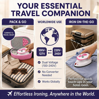 The Quilted Bear Premium Mini Steam Iron with Hardshell Travel Case & Iron Rest - US Plug (Pink Case)