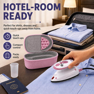 The Quilted Bear Premium Mini Steam Iron with Hardshell Travel Case & Iron Rest - US Plug (Pink Case)