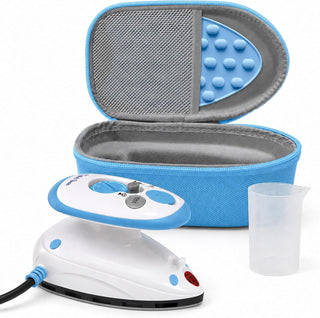 The Quilted Bear Premium Mini Steam Iron with Hardshell Travel Case & Iron Rest - US Plug (Blue Case)
