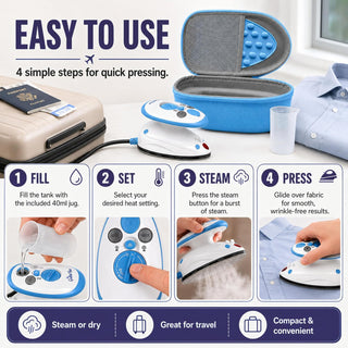 The Quilted Bear Premium Mini Steam Iron with Hardshell Travel Case & Iron Rest - US Plug (Blue Case)