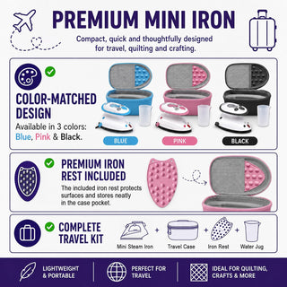 The Quilted Bear Premium Mini Steam Iron with Hardshell Travel Case & Iron Rest - US Plug (Pink Case)