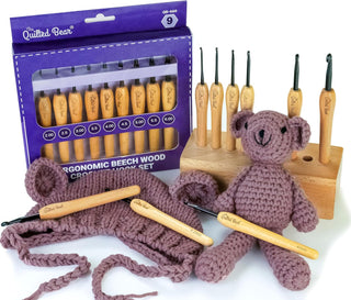 The Quilted Bear 9 Piece Beech Wood Crochet Hooks Set with Box (Wooden Display Box Included)