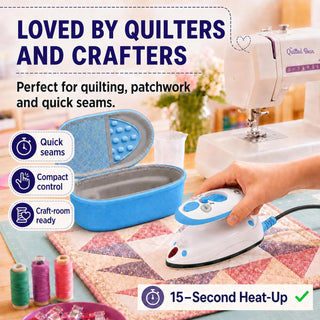 The Quilted Bear Premium Mini Steam Iron with Hardshell Travel Case & Iron Rest - US Plug (Blue Case)