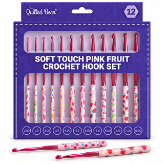 The Quilted Bear 12 Piece Ergonomic Crochet Hook Set -  2mm-8mm (Pink Fruit Print)