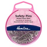 Hemline Assorted Nickel Hardened and Tempered Safety Pins 32 Pack