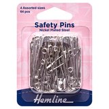 Hemline Assorted Nickel Hardened and Tempered Safety Pins 64 Pack
