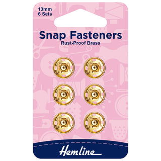 Hemline Gold Sew-On Snap Fasteners 13mm 6 Pack