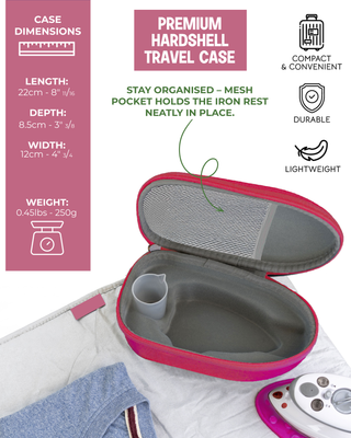Needle and Bear - Premium Mini Steam Iron with Hardshell Travel Case & Iron Rest (Pink Case)