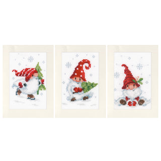 Vervaco Counted Cross Stitch Kit Greeting Card Christmas Gnomes Set of 3