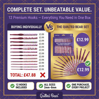 The Quilted Bear 12 Piece Ergonomic Crochet Hook Set -  2mm-8mm (Pink Fruit Print)