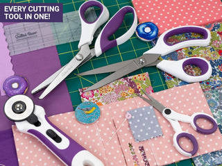 The Quilted Bear Ultimate Cutting Set - 4 Rotary Cutters, Titanium Coated Fabric Scissors, Pinking Shears & Micro-Tip Scissors in Storage Case