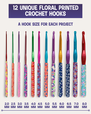 The Quilted Bear 12 Piece Ergonomic Crochet Hook Set -  2mm-8mm (Floral Print)