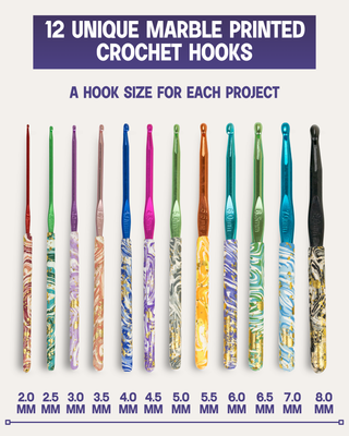 The Quilted Bear 12 Piece Ergonomic Crochet Hook Set -  2mm-8mm (Marble Print)