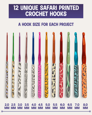 The Quilted Bear 12 Piece Ergonomic Crochet Hook Set -  2mm-8mm (Safari Print)