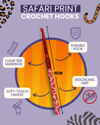 The Quilted Bear 12 Piece Ergonomic Crochet Hook Set -  2mm-8mm (Safari Print)