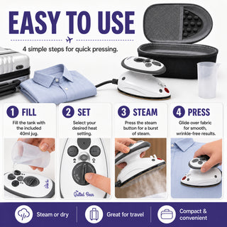 The Quilted Bear Premium Mini Steam Iron with Hardshell Travel Case & Iron Rest - US Plug (Black Case)