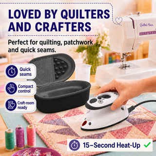 The Quilted Bear Premium Mini Steam Iron with Hardshell Travel Case & Iron Rest - US Plug (Black Case)