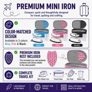 The Quilted Bear Premium Mini Steam Iron with Hardshell Travel Case & Iron Rest - US Plug (Black Case)