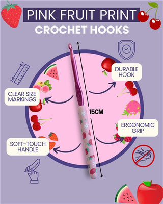The Quilted Bear 12 Piece Ergonomic Crochet Hook Set -  2mm-8mm (Pink Fruit Print)