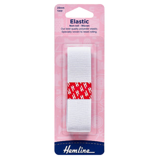 Hemline White Polyester Non-Roll Woven Elastic 1m x 25mm