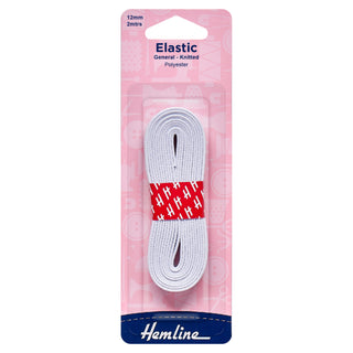 Hemline General Purpose White Polyester Soft Stretch Knitted Elastic 2m x 12mm