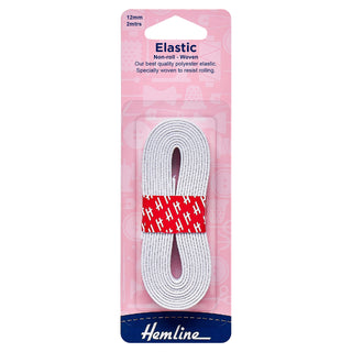 Hemline White Polyester Non-Roll Woven Elastic 2m x 12mm