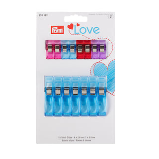 Prym Love Fabric Clips 2.6cm and 5.5cm Assorted Colours - 15 Pieces